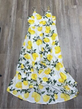 LULUS Women Hi Lo Lemon Pattern Zip Back Maxi Dress Sz M White Yellow